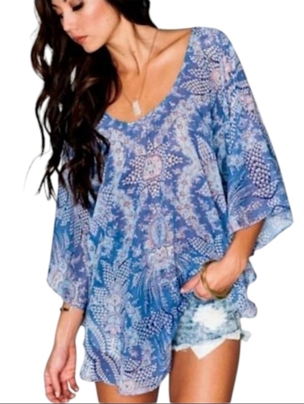 Show Me Your MuMu Blue Print Sheer Tunic 3/4 Sleeves Flowy Relaxed Fit Sz XS